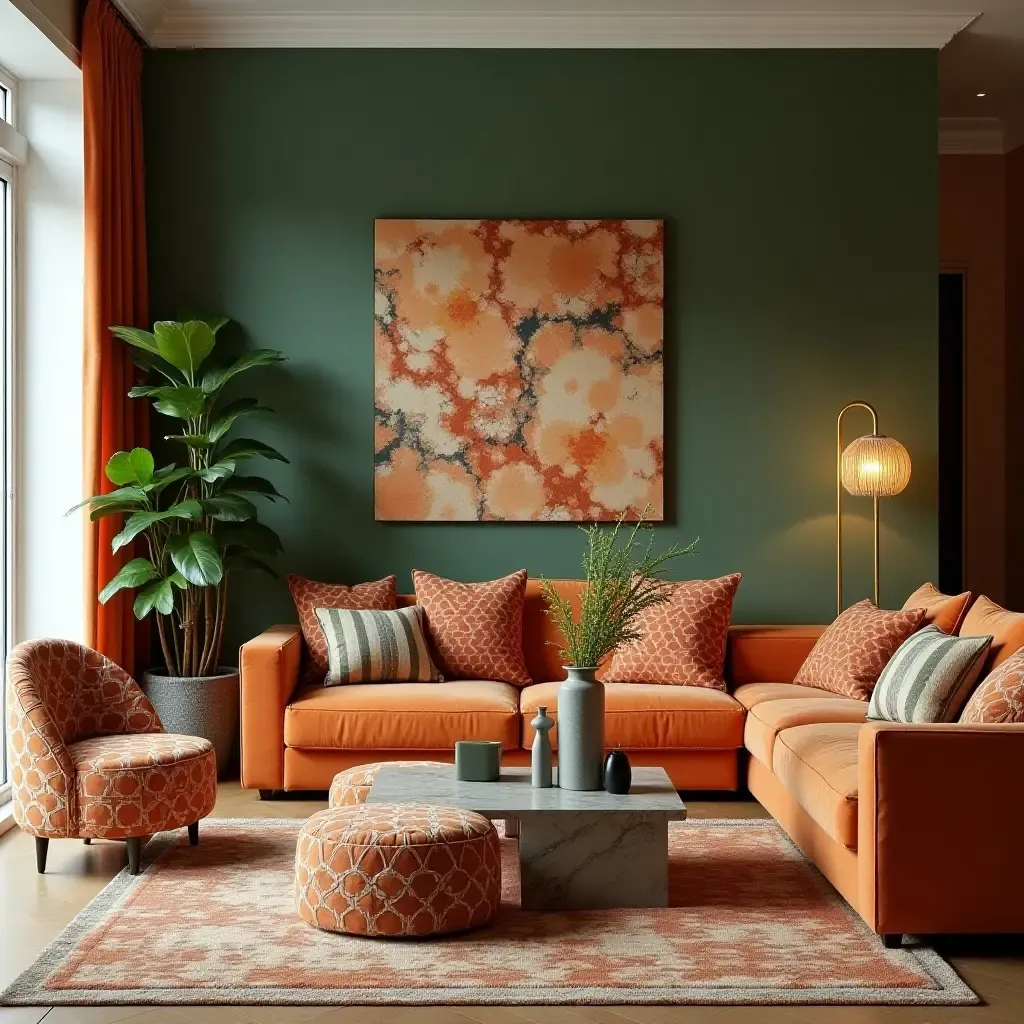 a photo of a stylish living room featuring burnt orange and green patterned textiles