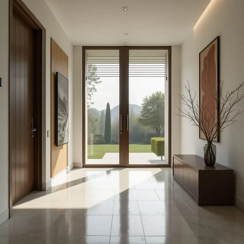 a photo of a modern entrance hall with a glass door and minimalist decor