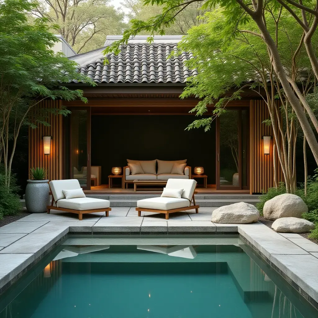 a photo of a zen garden lounge area by the pool with rocks and bamboo