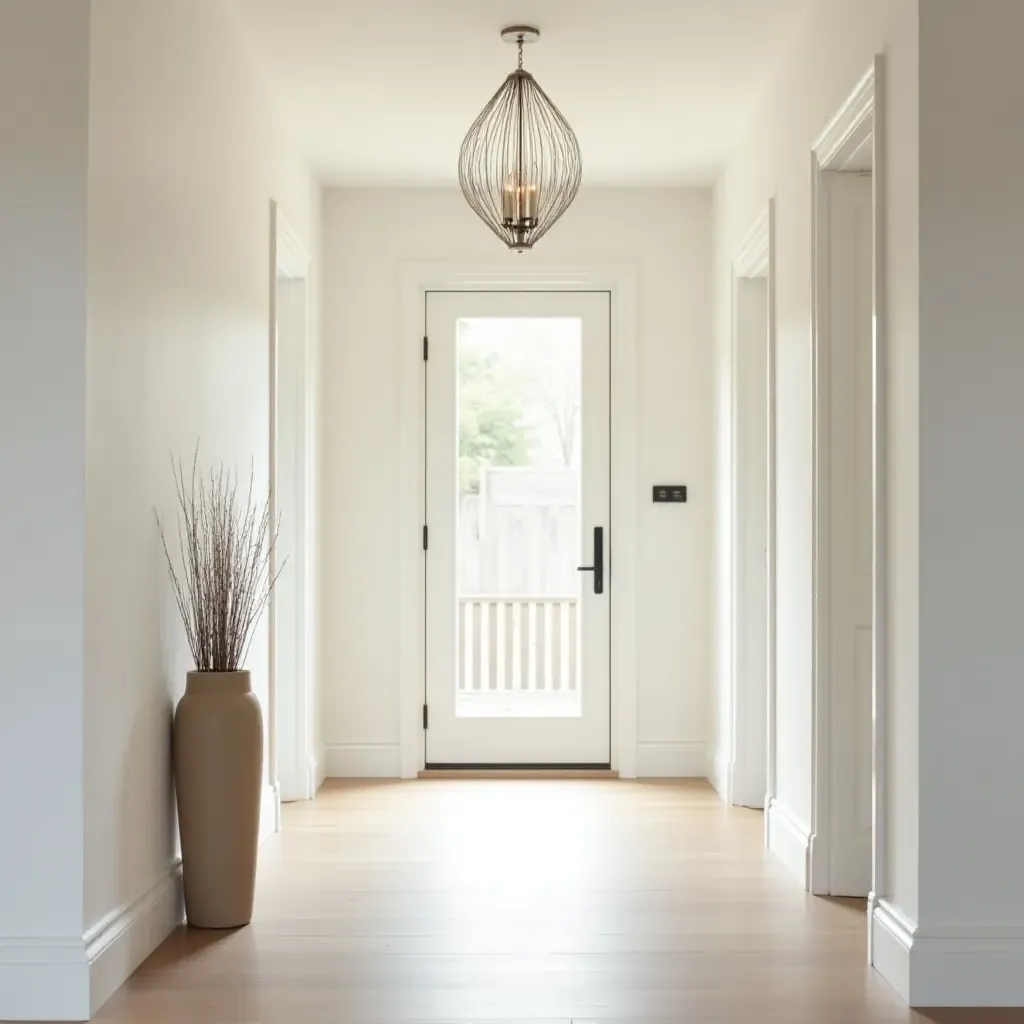 a photo of a bright entrance hall with a simple chandelier and neutral tones