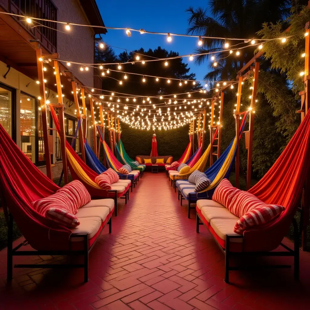 a photo of a lively outdoor lounge featuring colorful hammocks and festive lighting