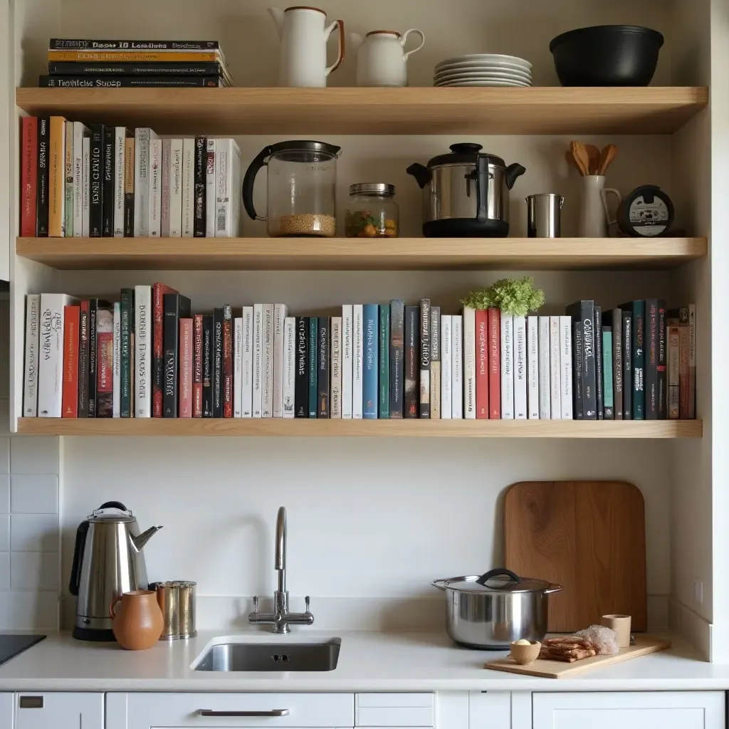 a photo of open shelves filled with gourmet cookbooks and stylish kitchen gadgets