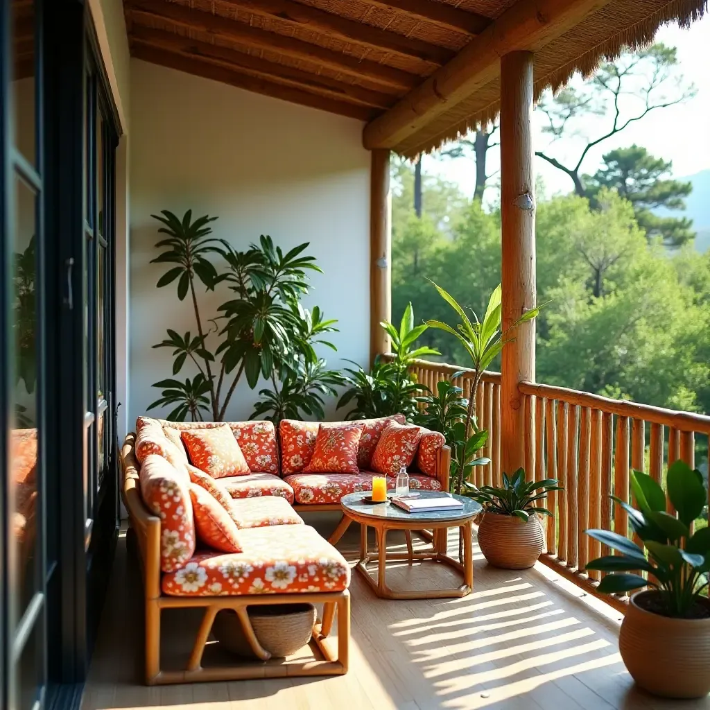 a photo of a tropical balcony with bamboo storage and vibrant cushions