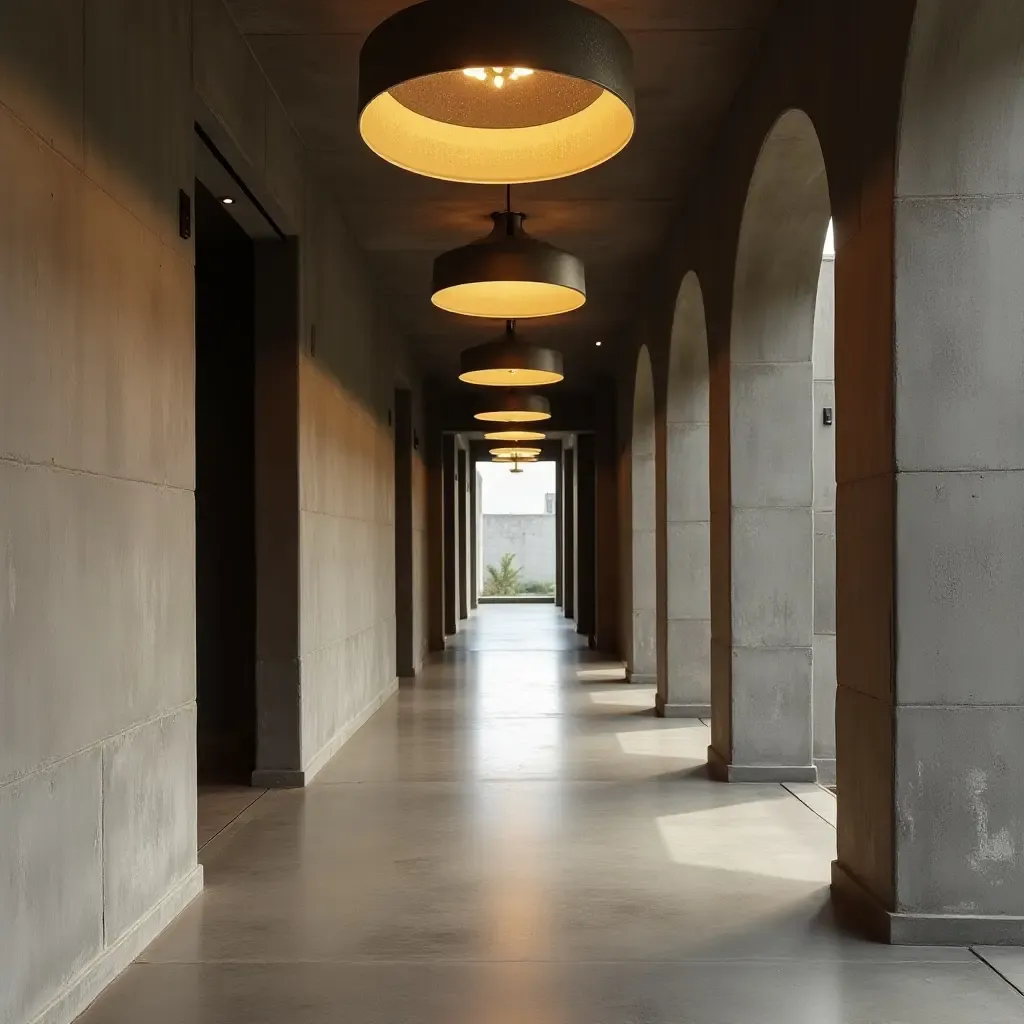 a photo of a stylish corridor with polished concrete floors and hanging lights