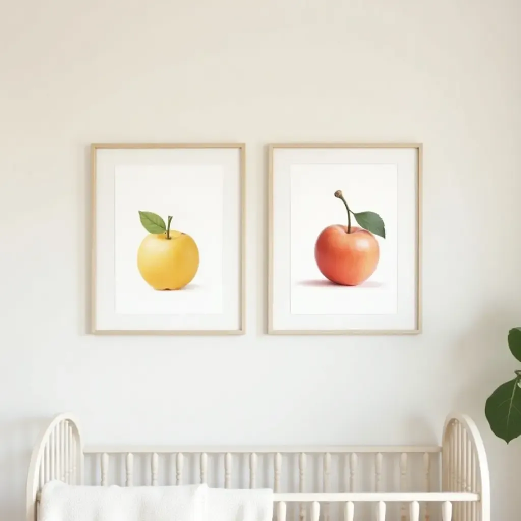 a photo of a nursery gallery wall displaying colorful prints of fruits