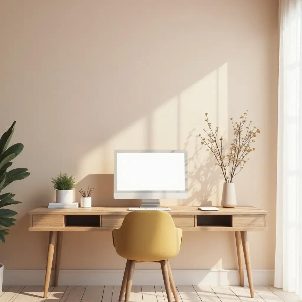 a photo of a serene workspace with calming colors and minimal distractions