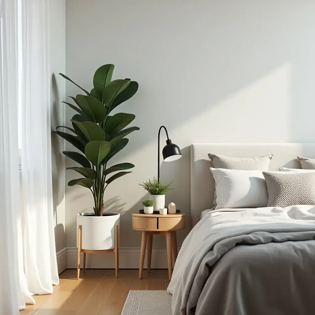 a photo of a stylish plant stand next to a bed