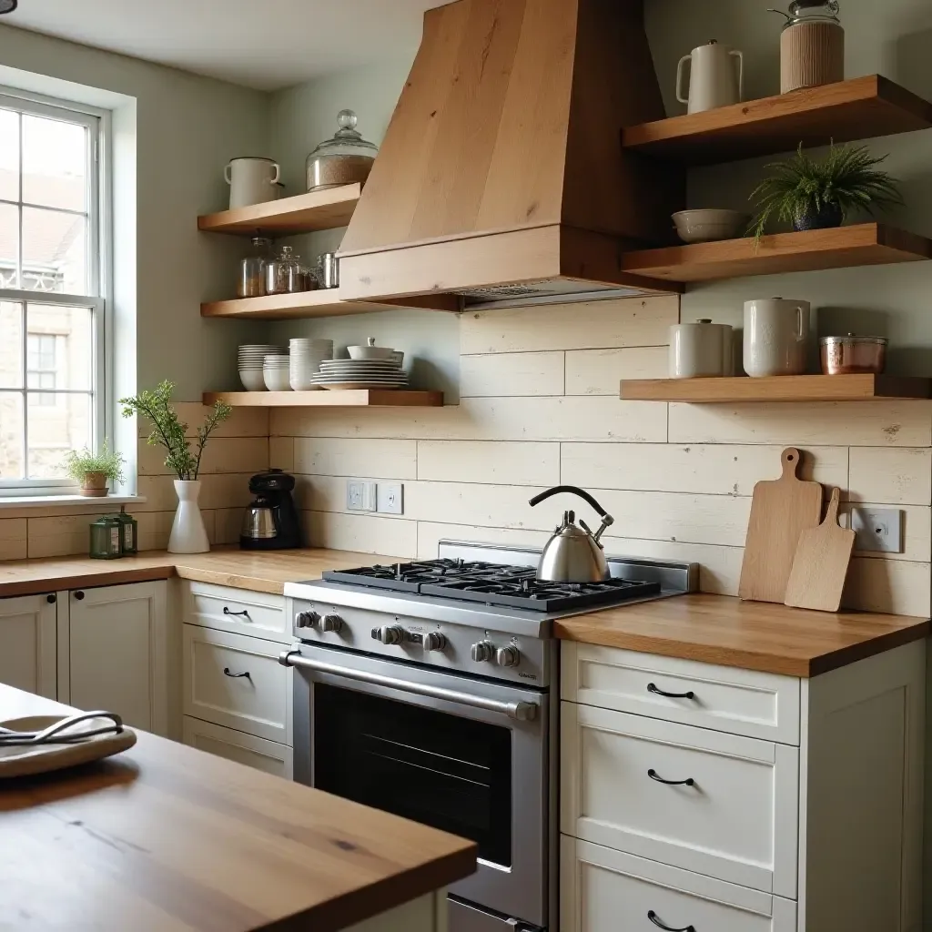 a photo of a rustic wood plank backsplash with vintage kitchen decor