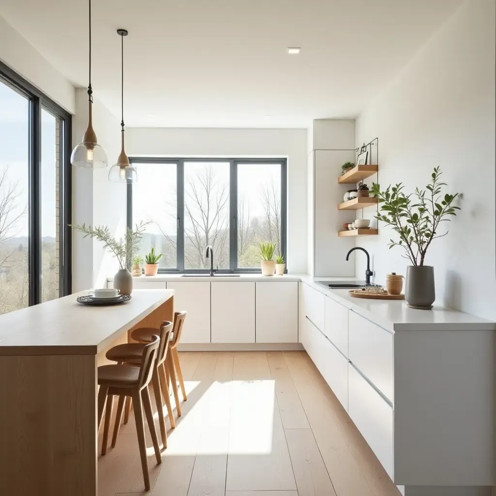 a photo of a bright kitchen with large windows and minimal decor