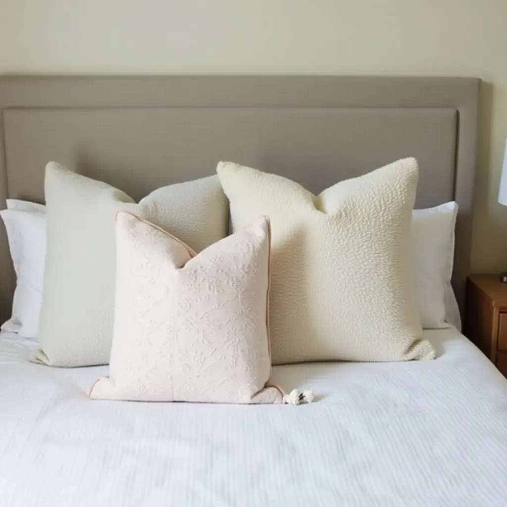 a photo of a layered bedding look featuring decorative throw pillows