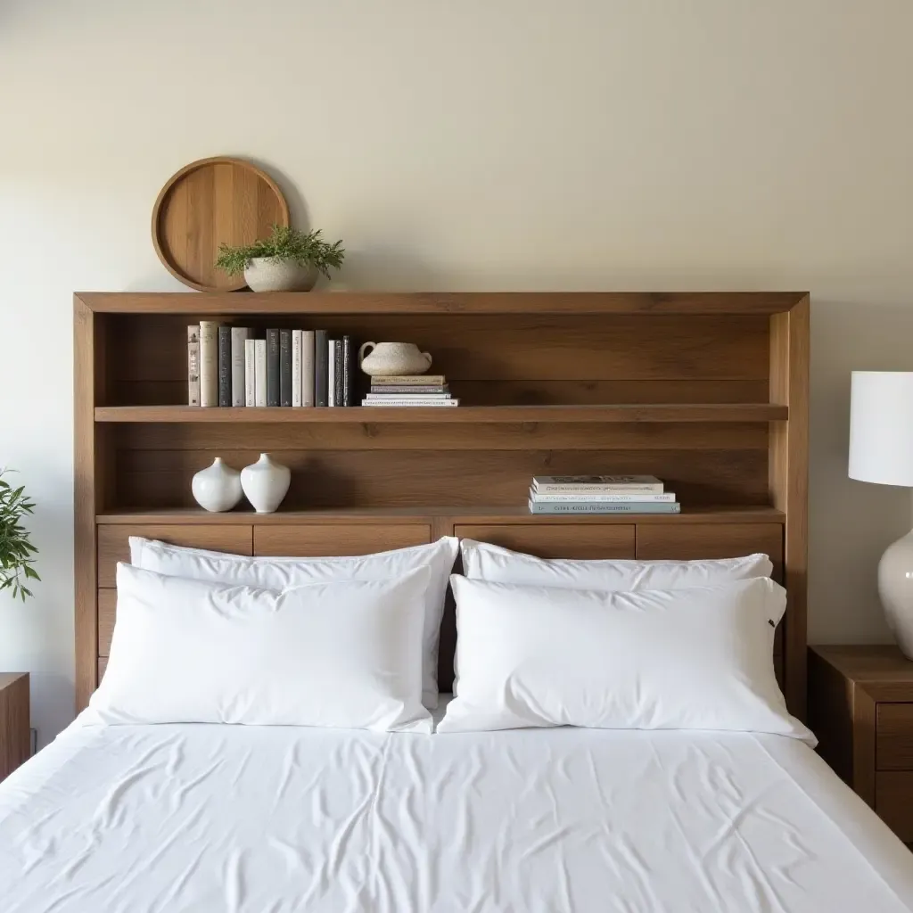 a photo of a reclaimed wood headboard with integrated shelves