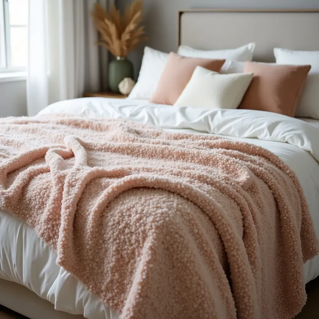 a photo of a bed adorned with sequined throw blankets