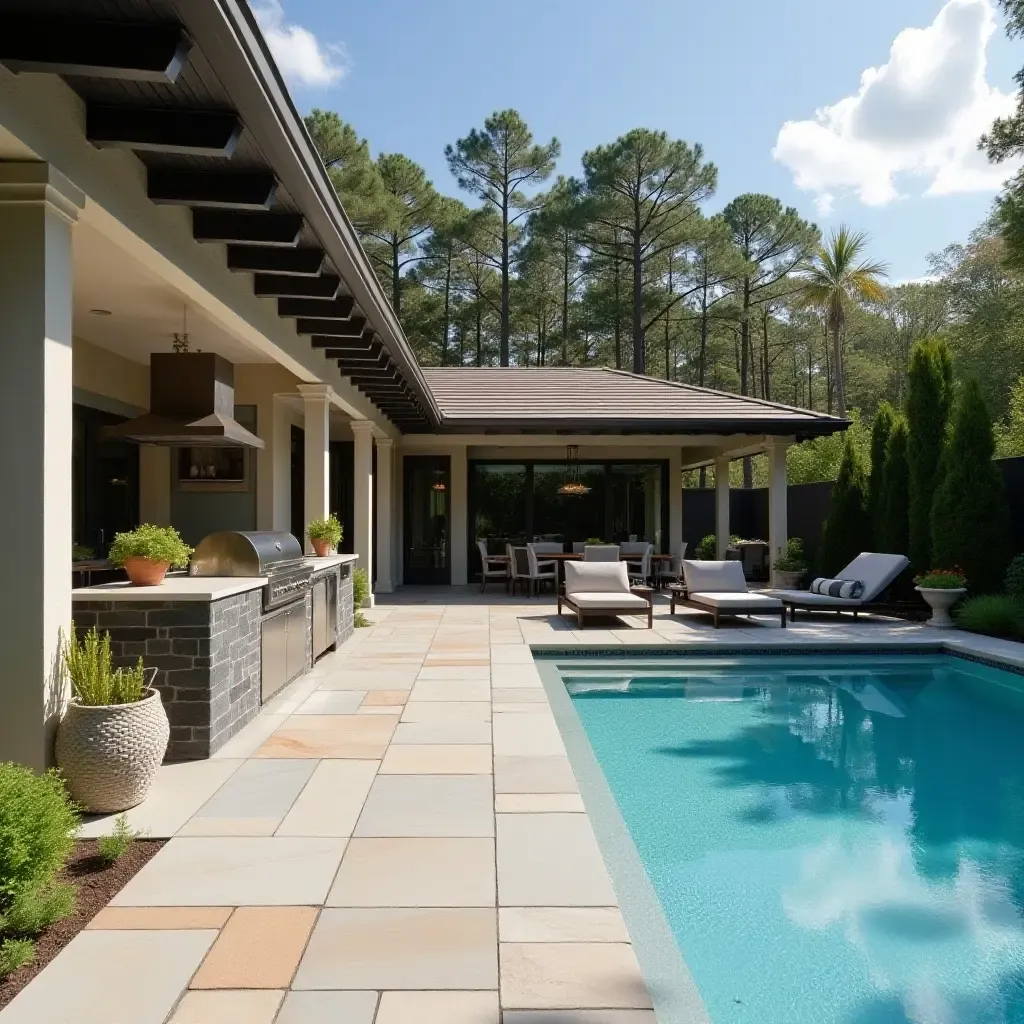 a photo of a stylish outdoor kitchen adjacent to a beautiful pool