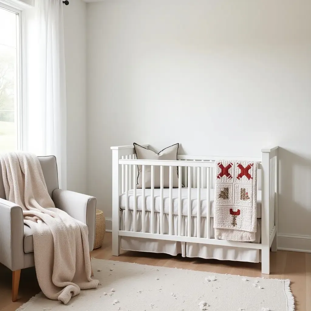 a photo of a stylish nursery with a farmhouse crib and handmade quilts