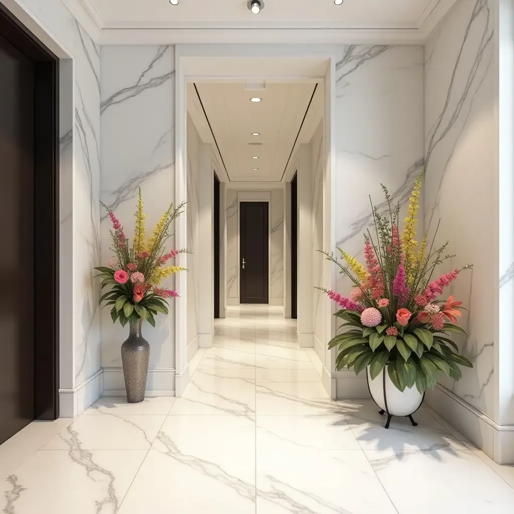 a photo of a chic entrance hall with marble walls and vibrant floral arrangements