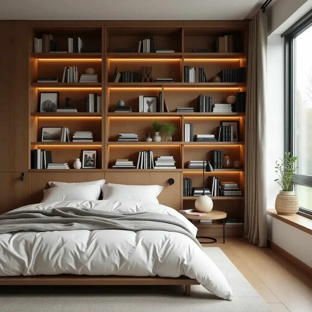 a photo of a bedroom with wooden shelves filled with books