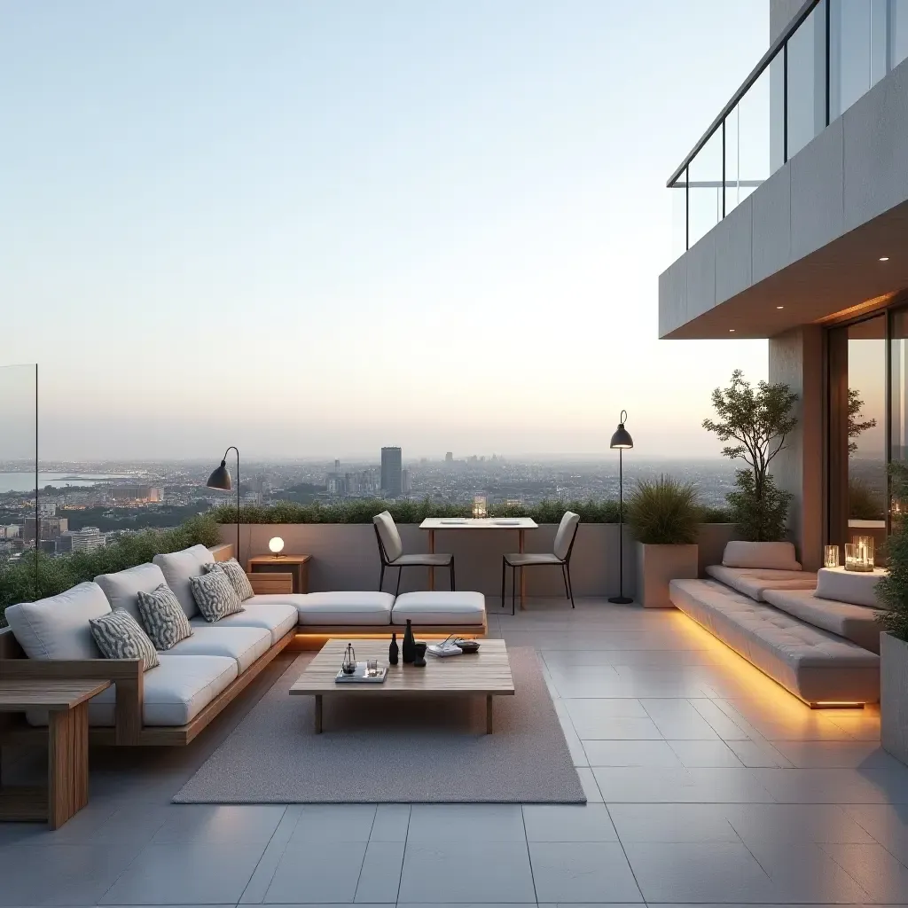 a photo of a rooftop terrace with a panoramic view and modern furnishings