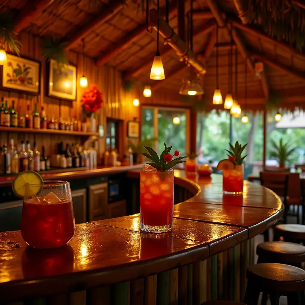 a photo of a vibrant tiki bar with bamboo decor and tropical drinks