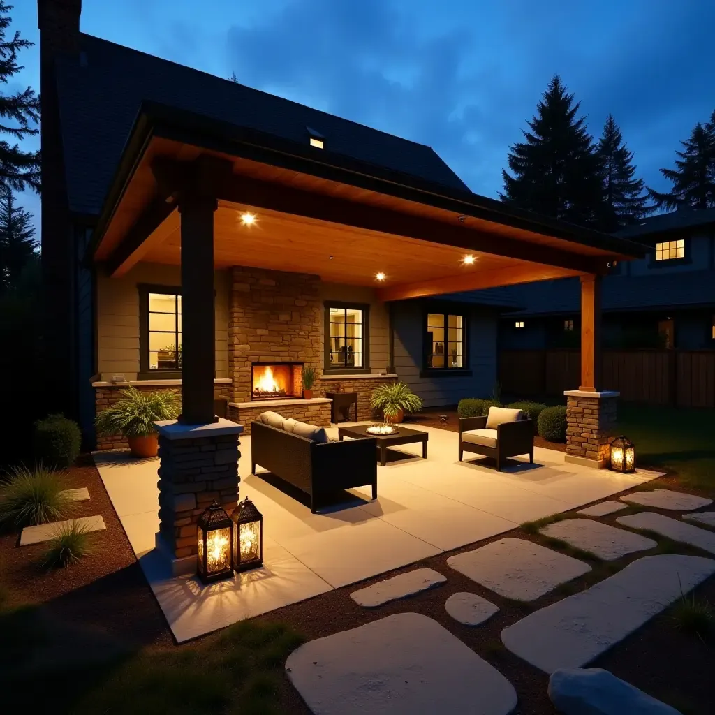 a photo of a detached covered patio with ambient lighting and decorative lanterns