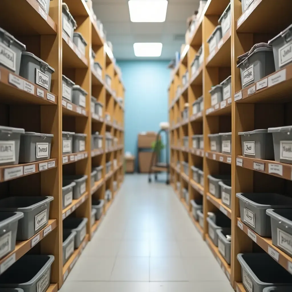 a photo of a well-organized corridor with labeled storage bins