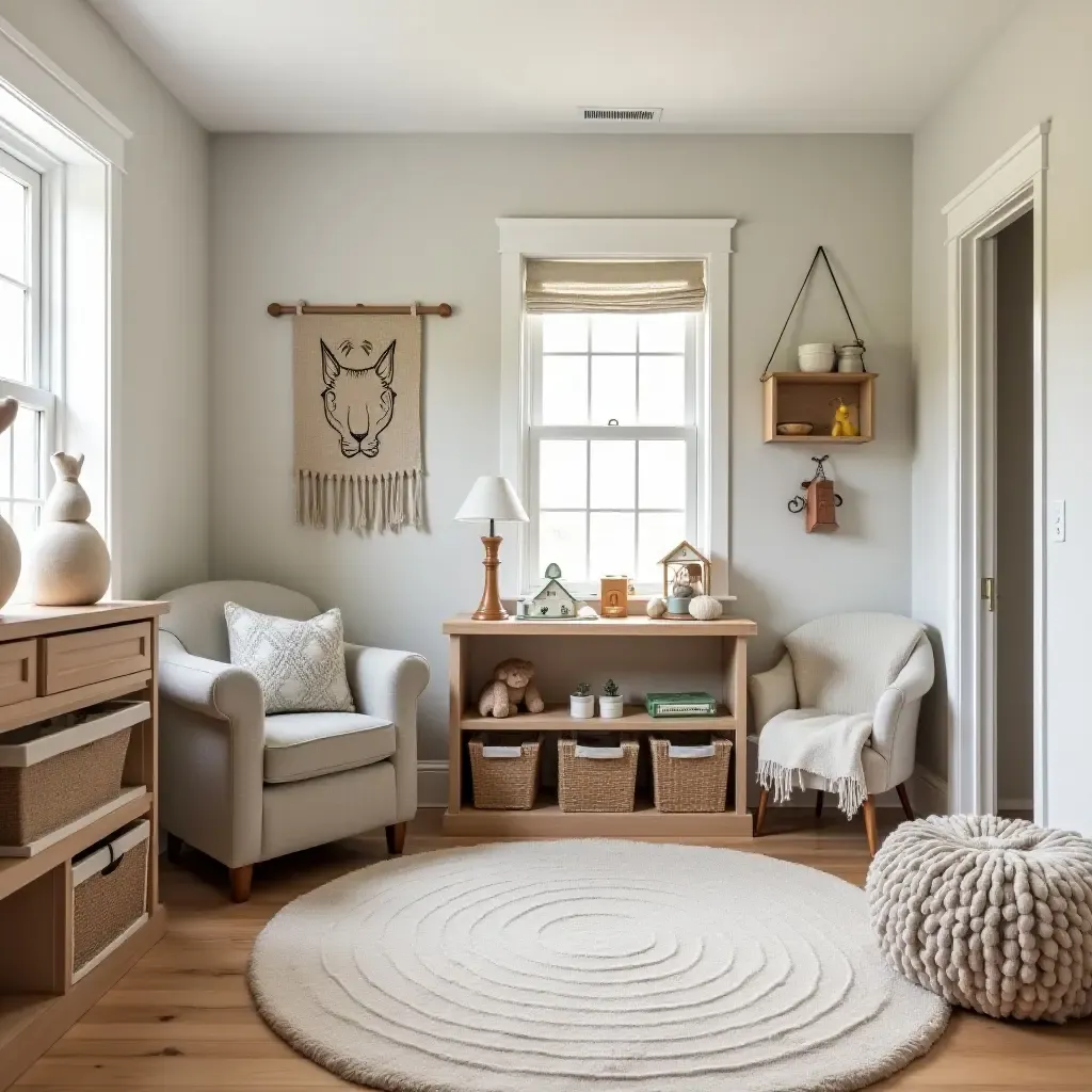 a photo of a welcoming basement play area with farmhouse-themed toys and decor