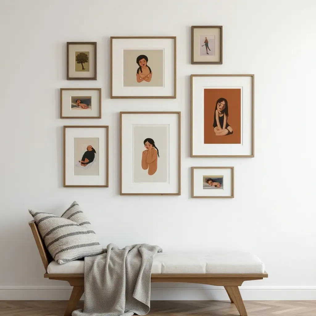 a photo of a gallery wall featuring a mix of art styles and mediums