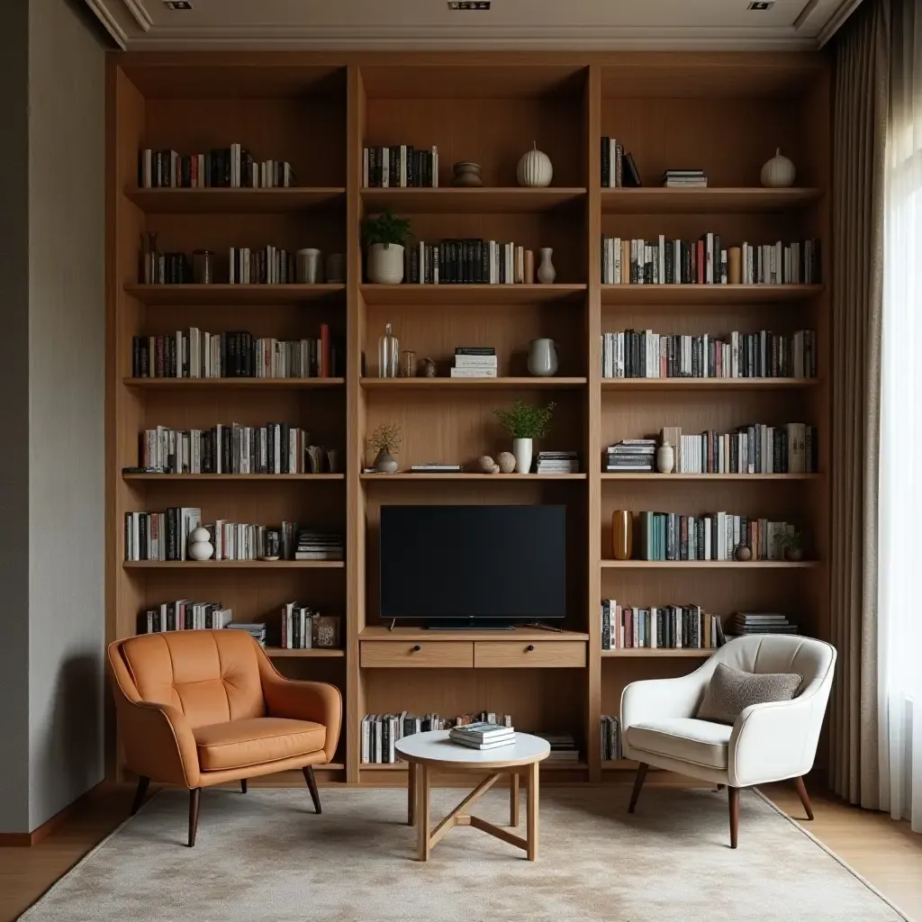 a photo of a compact library using vertical space with tall shelving units