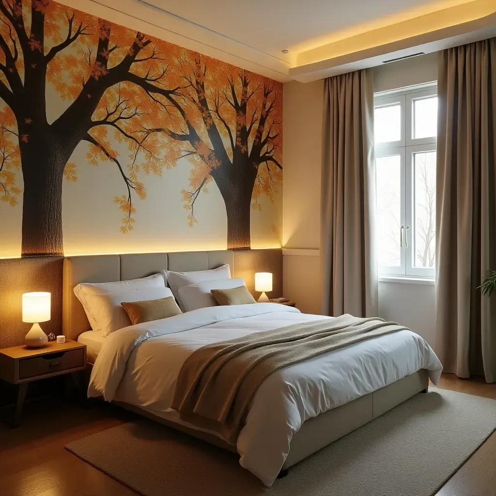 a photo of a bedroom with a tree mural and soft, ambient lighting