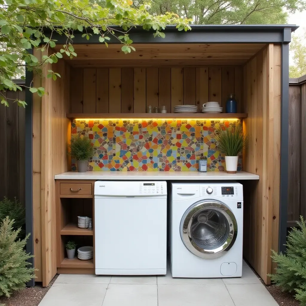 a photo of a chic outdoor laundry station with a colorful tile backsplash