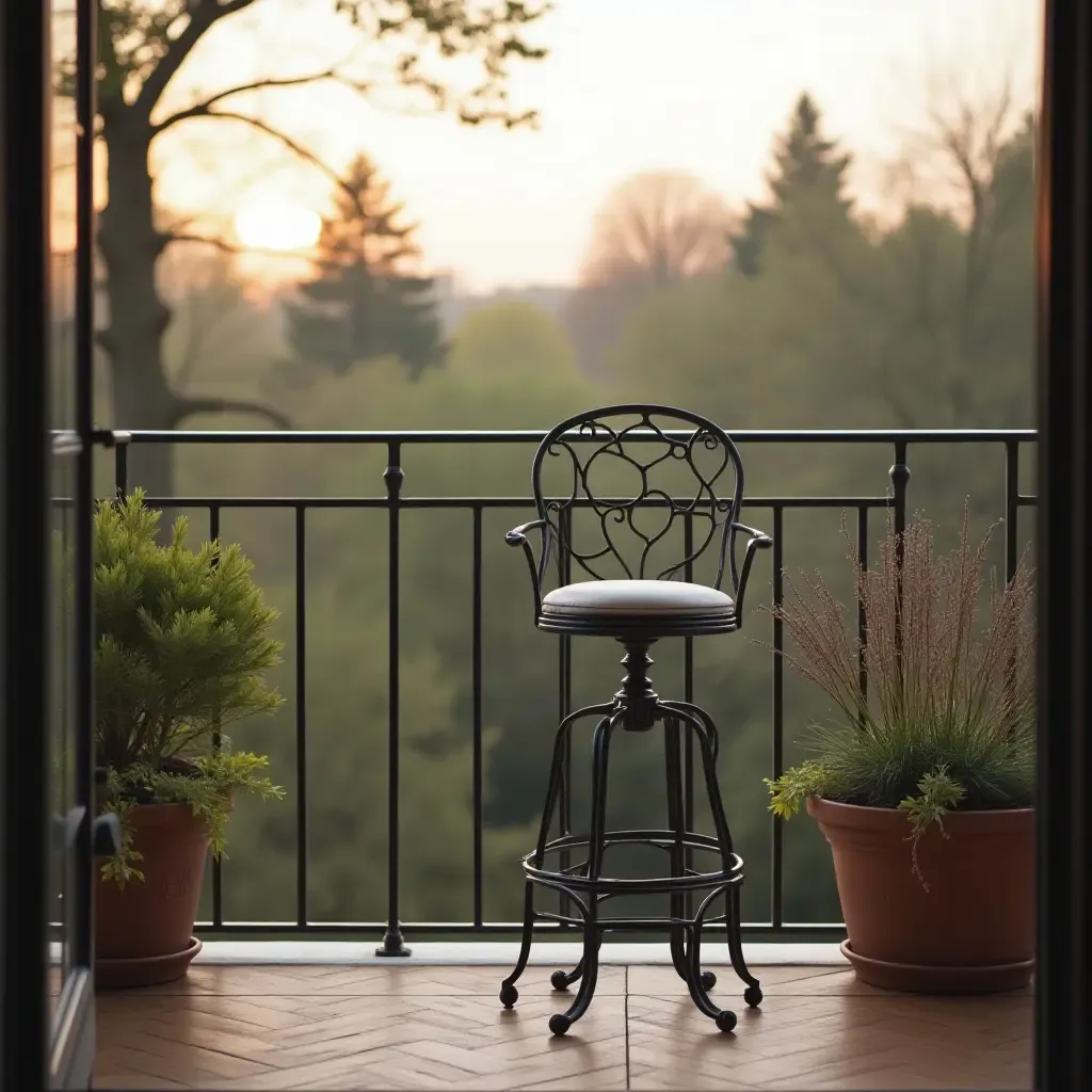 a photo of a balcony with a vintage bar stool set against the railing