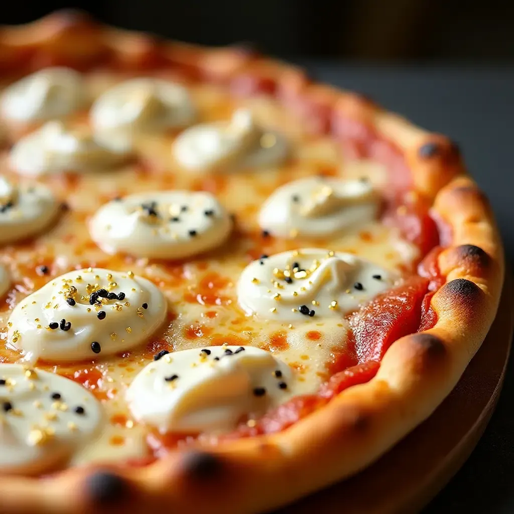 a photo of a pizza topped with truffle-infused ricotta and edible gold flakes