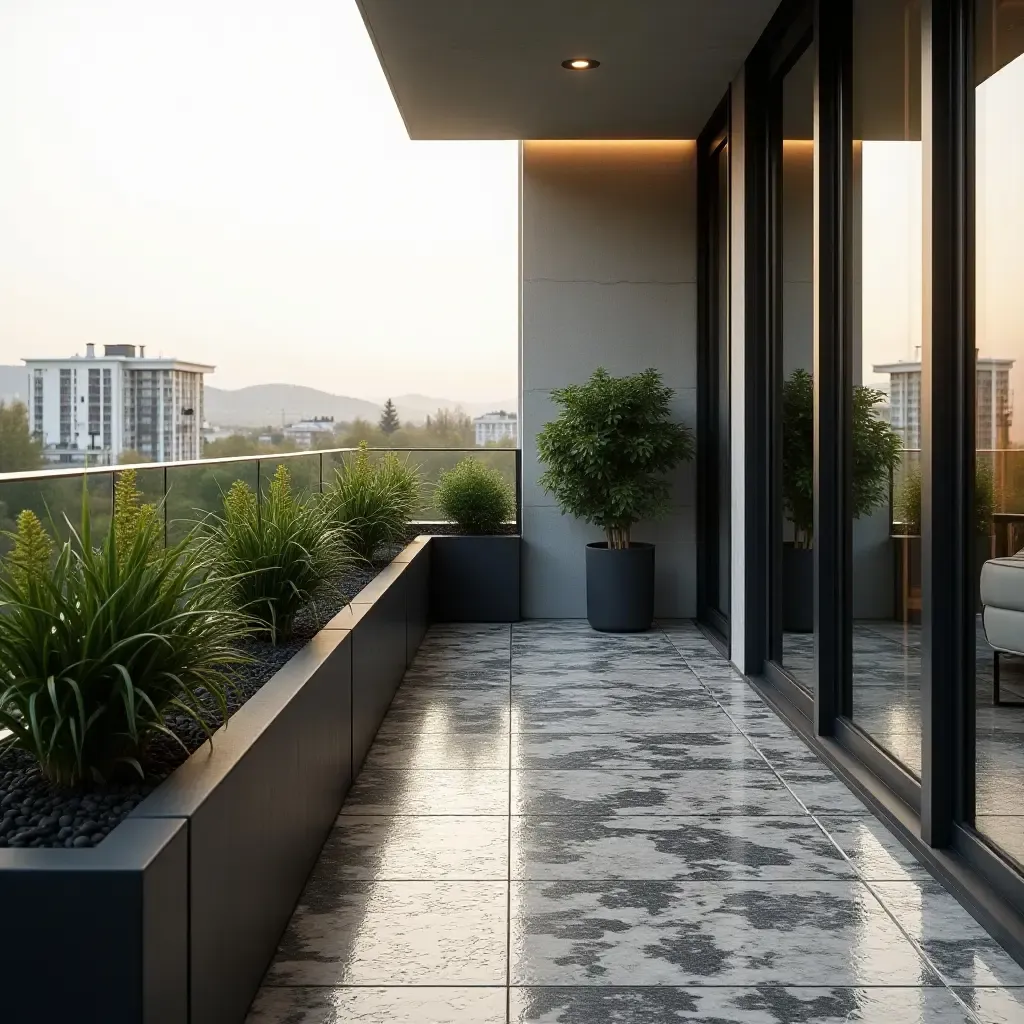 a photo of a sleek balcony with a mosaic tile design and plants