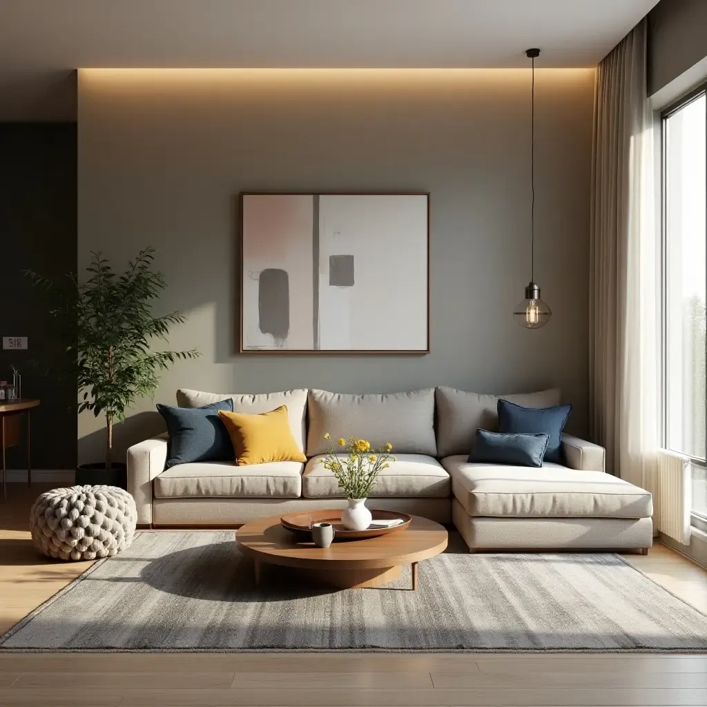 a photo of a stylish living room with a mix of textures and colors