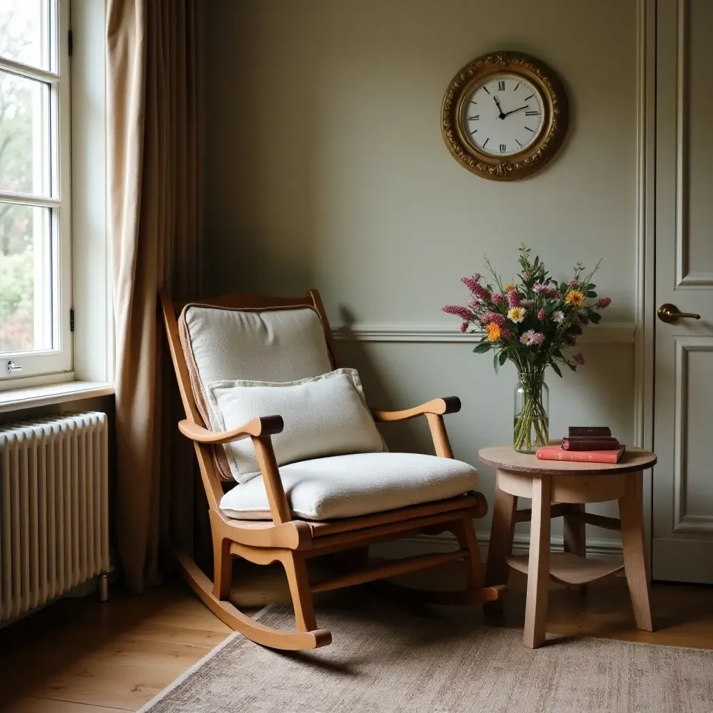 a photo of a cozy nook with a vintage rocking chair