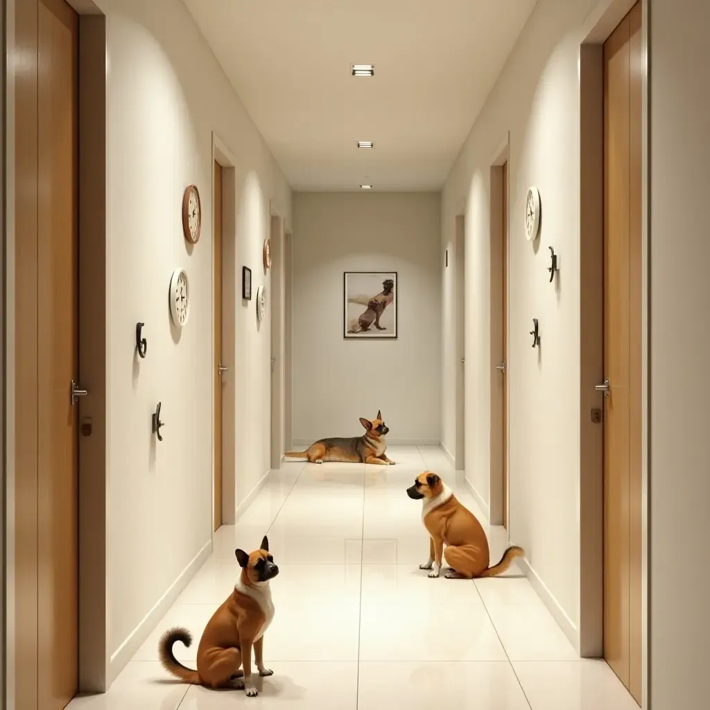 a photo of a corridor with a playful pet-themed decor