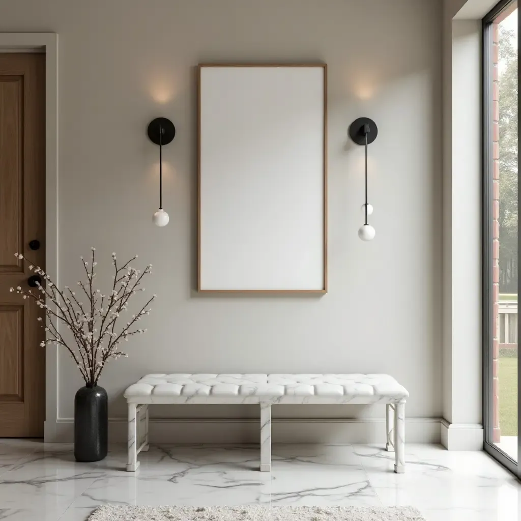 a photo of a chic marble bench with elegant accents in a hallway