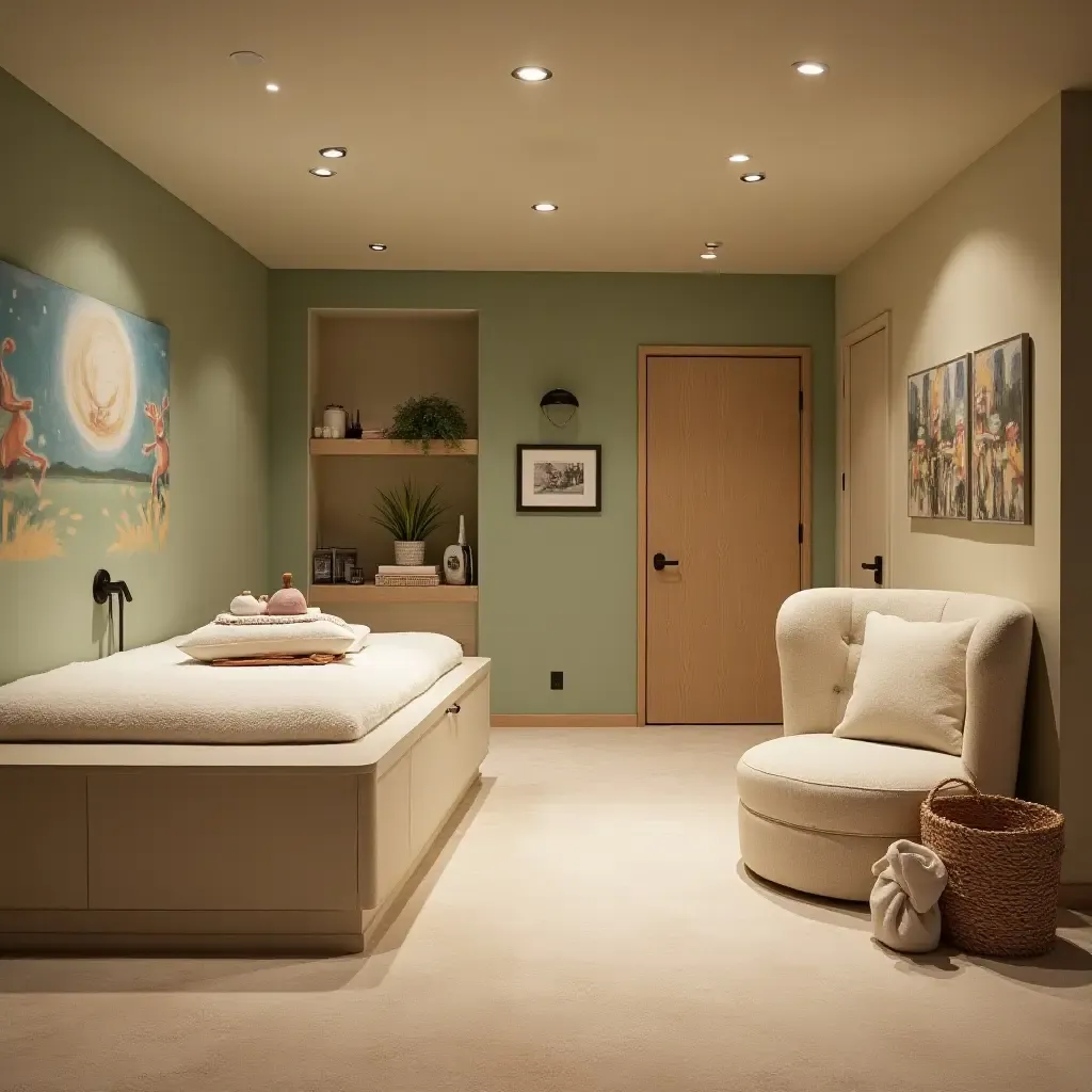 a photo of a basement spa area with soothing colors and whimsical decor elements