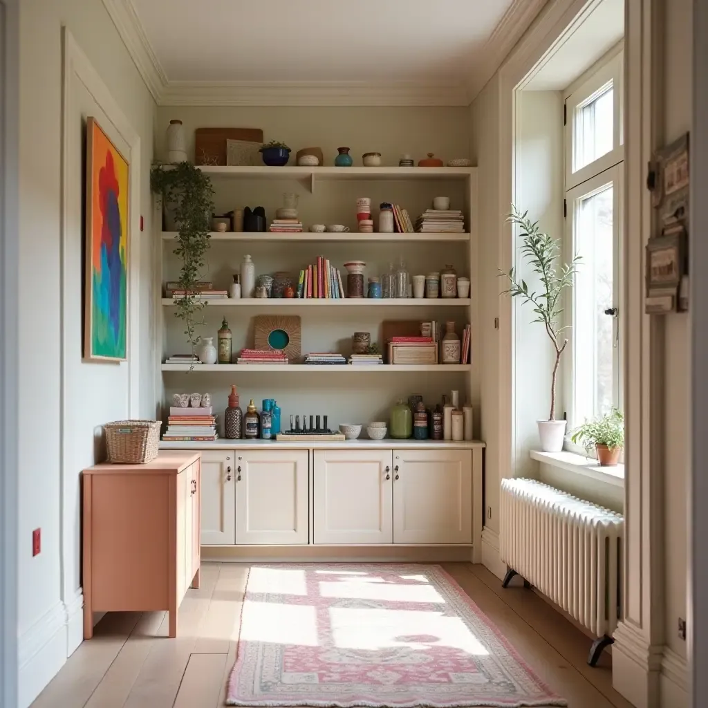 a photo of a colorful corridor shelving with art supplies and crafts