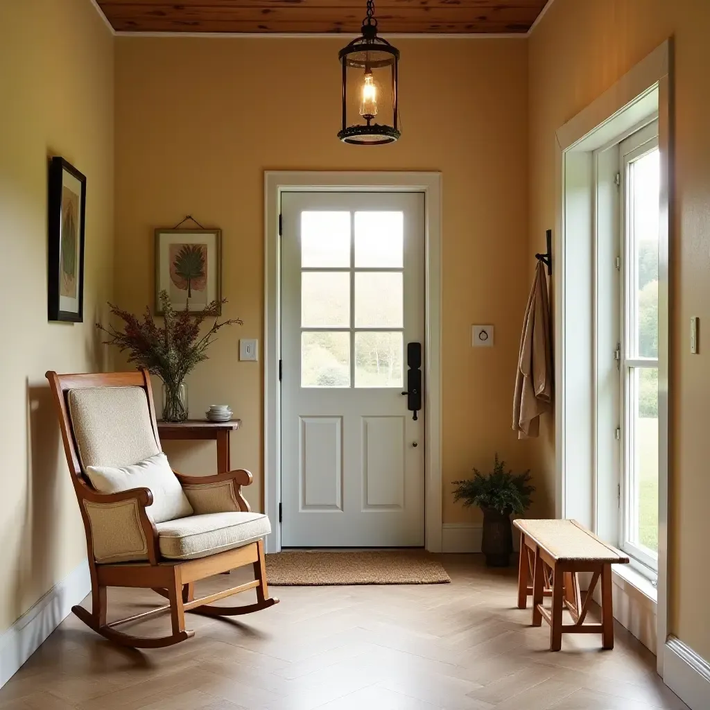 a photo of a charming entrance area with a cozy rocking chair and warm colors