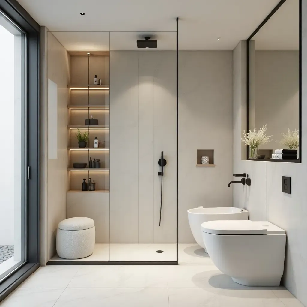 a photo of a minimalist bathroom design with a walk-in shower and open shelving