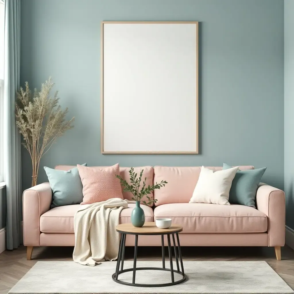 a photo of a charming living room with pastel blue and peach accents