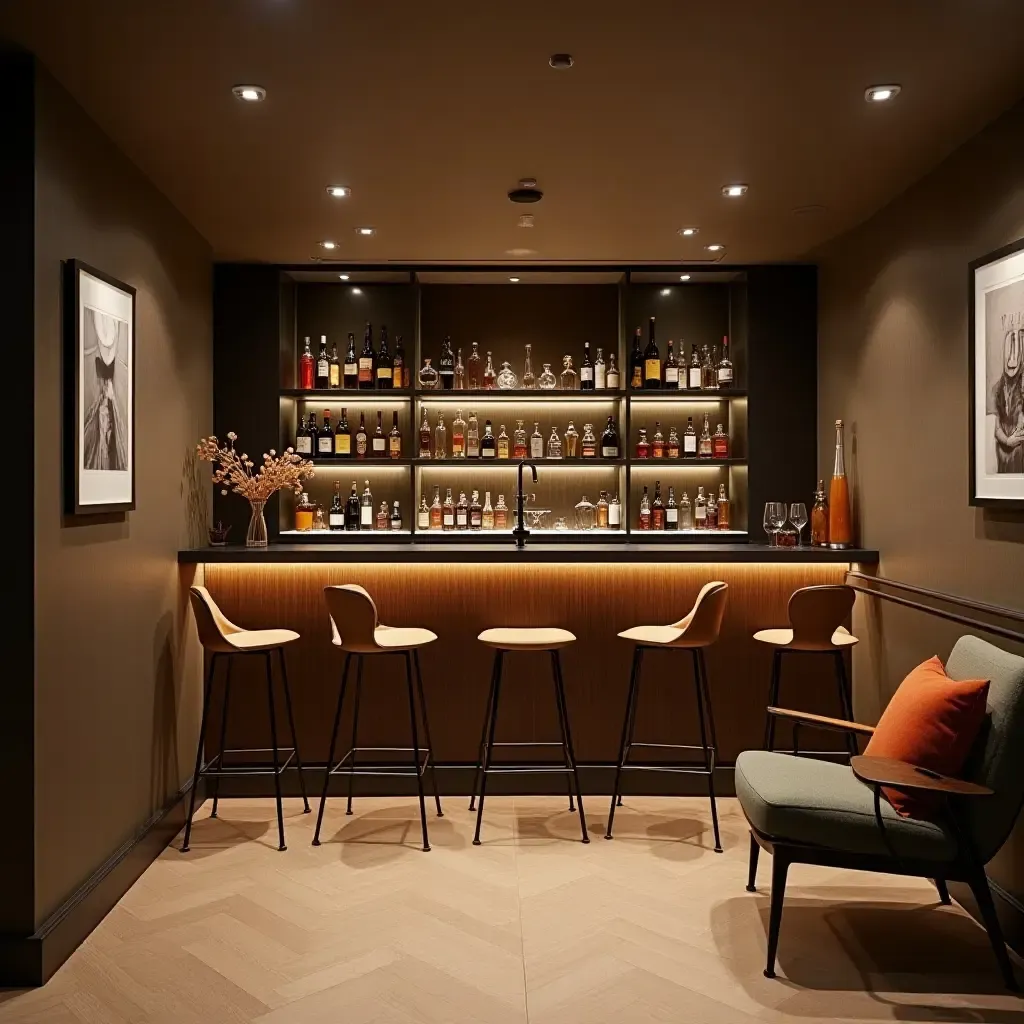 a photo of a stylish basement bar area with Scandinavian furniture and lighting