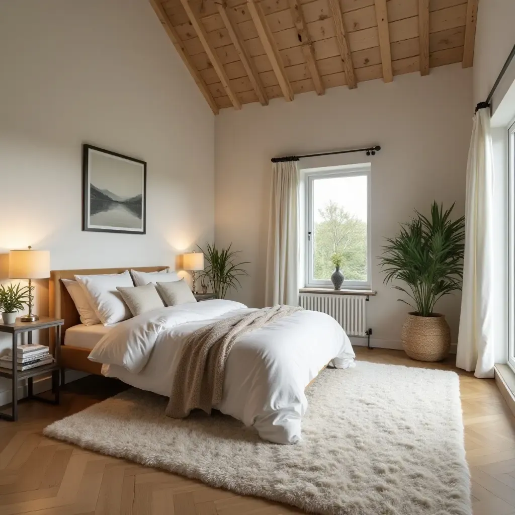 a photo of a bedroom with wooden flooring and plush rugs