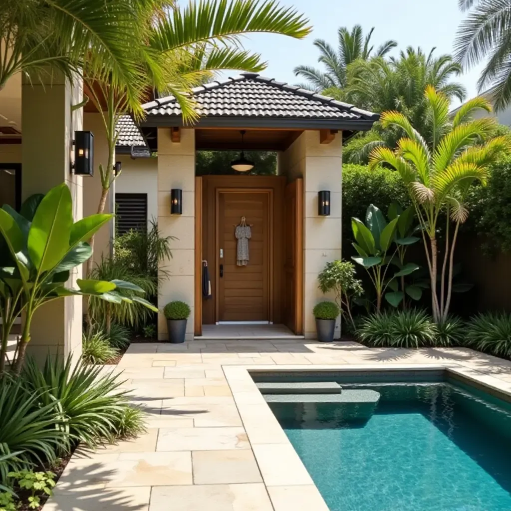 a photo of a tropical-inspired outdoor shower next to the pool