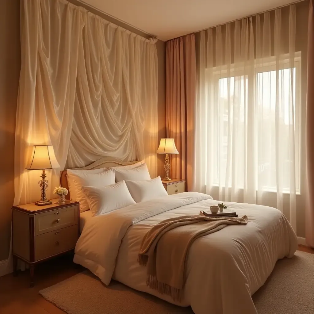 a photo of a romantic bedroom with soft lighting and delicate fabrics