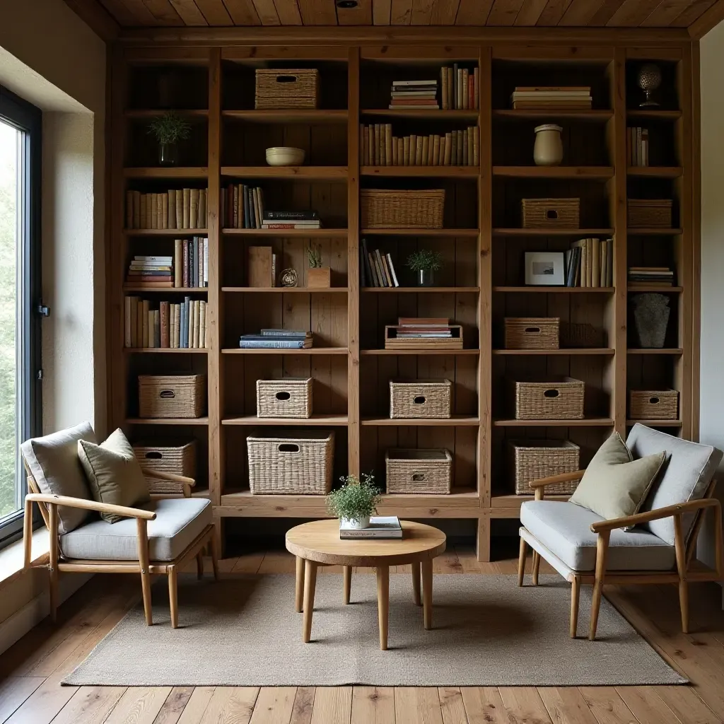 a photo of a rustic library featuring reclaimed wood shelves and baskets