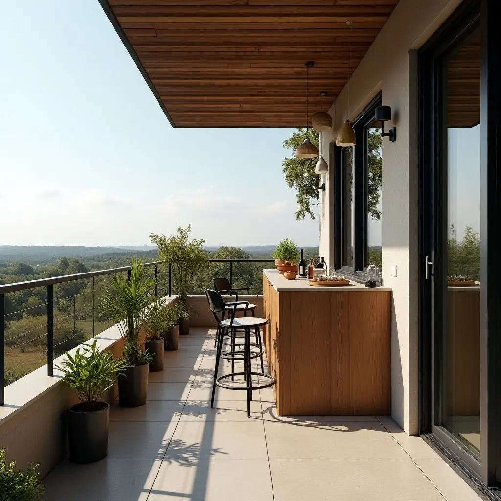 a photo of a balcony featuring a small outdoor bar setup