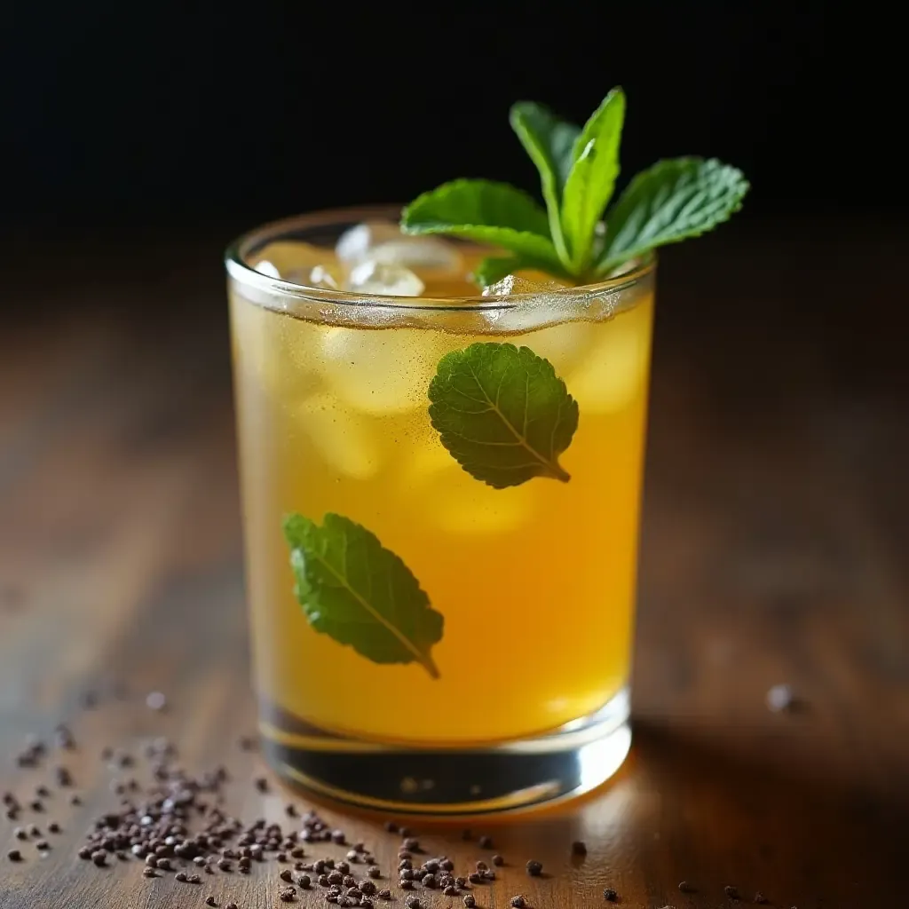 a photo of a rustic glass of Jaljeera with mint leaves and a sprinkle of black salt.