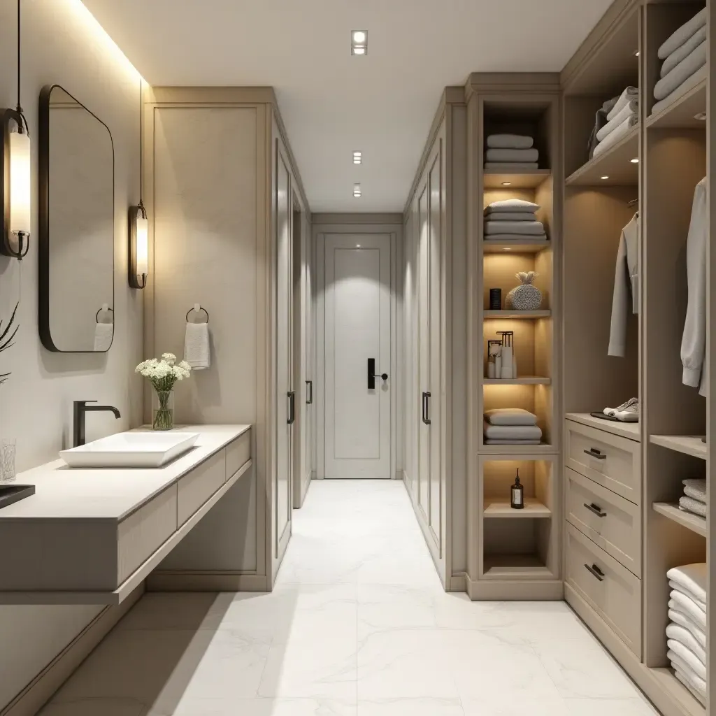 a photo of a bathroom featuring a walk-in closet and integrated storage solutions