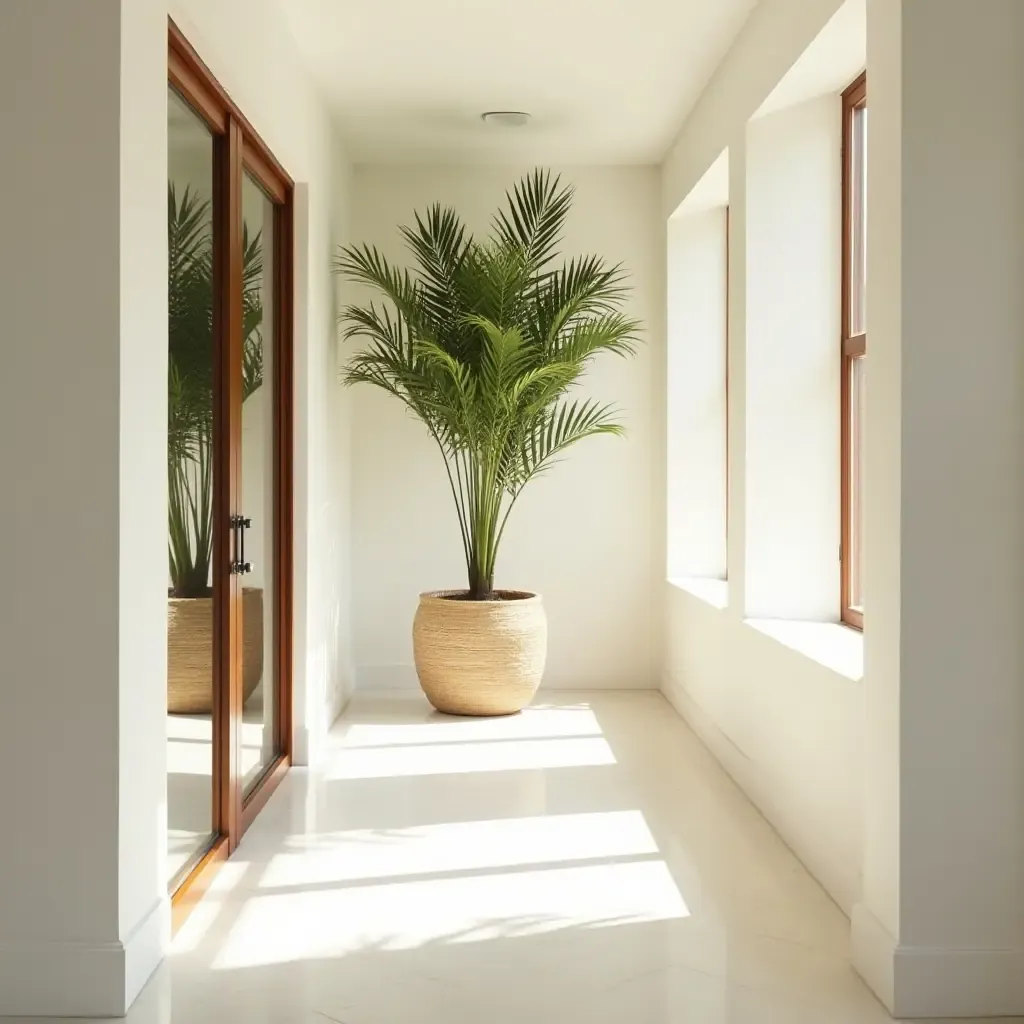 a photo of a bright hallway with a large potted palm tree